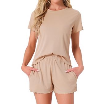 Women's Pajama Set Soft Short Sleeve Shorts Set Crewneck Ruffle Lounge Set with Pocket