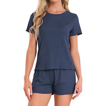 Women's Pajama Set Soft Short Sleeve Shorts Set Crewneck Ruffle Lounge Set with Pocket