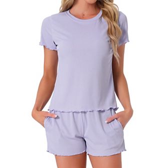 Women's Pajama Set Soft Short Sleeve Shorts Set Crewneck Ruffle Lounge Set with Pocket