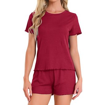 Women's Pajama Set Soft Short Sleeve Shorts Set Crewneck Ruffle Lounge Set with Pocket
