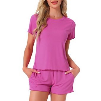 Women's Pajama Set Soft Short Sleeve Shorts Set Crewneck Ruffle Lounge Set with Pocket