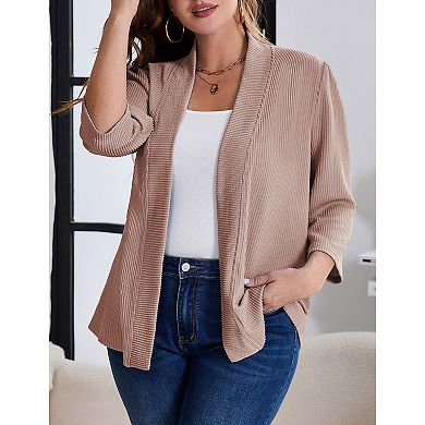Women Plus Size Casual Lightweight Sweater Open Front Solid 3/4 Sleeve Cardigan