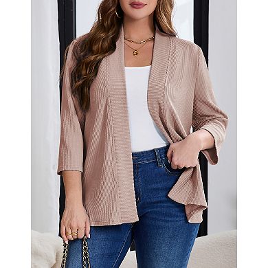Women Plus Size Casual Lightweight Sweater Open Front Solid 3/4 Sleeve Cardigan