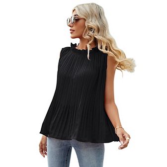 Women Pleated Tunic Sleeveless Chiifon Blouse with Frill Mock Neck Flowy Dressy Casual Tank Tops