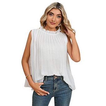 Women Pleated Tunic Sleeveless Chiifon Blouse with Frill Mock Neck Flowy Dressy Casual Tank Tops