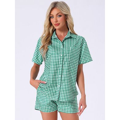 Women's 2 Piece Plaid Pajama Short Sleeve PJ Set Button Down Shirt and Shorts with Pockets