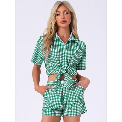 Women's 2 Piece Plaid Pajama Short Sleeve PJ Set Button Down Shirt and Shorts with Pockets