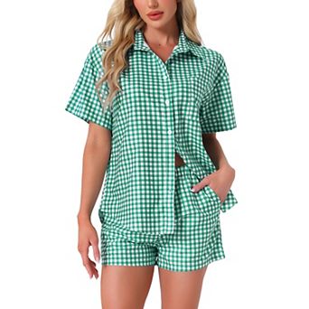 Women's 2 pc Plaid Pajama Short Sleeve PJ Set Button Down Shirt and Shorts with Pockets