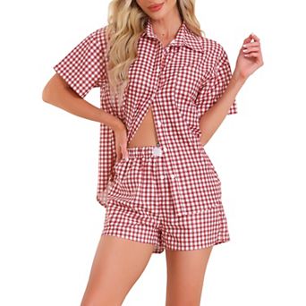 Women's 2 pc Plaid Pajama Short Sleeve PJ Set Button Down Shirt and Shorts with Pockets