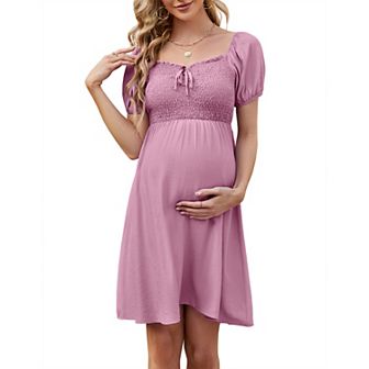 Maternity Midi Dress Women's Square Neck Short Sleeves Shirring A Line Dress Baby Shower