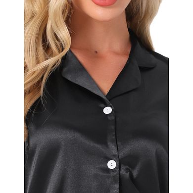 Women's Satin Silky Pajamas Set Button Up Pj Set 2 Piece Short Sleeve and Shorts with Lace Trim