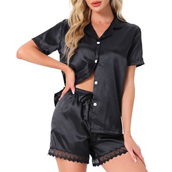 Women's Satin Silky Pajamas Set Button Up Pj Set 2 pc Short Sleeve and Shorts with Lace Trim