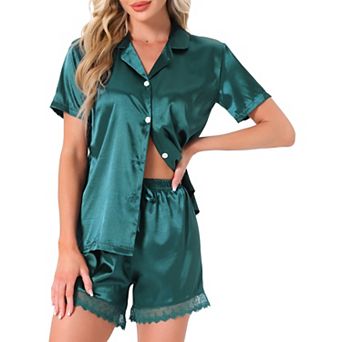 Women's Satin Silky Pajamas Set Button Up Pj Set 2 pc Short Sleeve and Shorts with Lace Trim