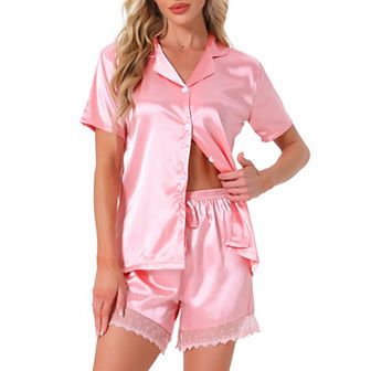 Women's Satin Silky Pajamas Set Button Up Pj Set 2 pc Short Sleeve and Shorts with Lace Trim
