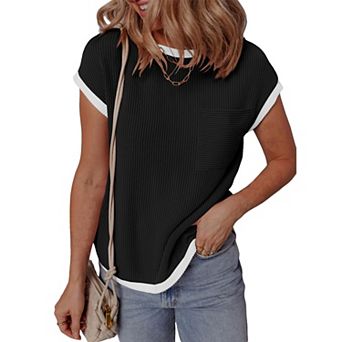 Women's Casual Loose Fit T-Shirt Ribbed Short Sleeve Top with Front Pocket