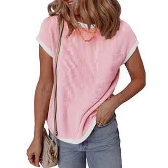 Women's Casual Loose Fit T-Shirt Ribbed Short Sleeve Top with Front Pocket