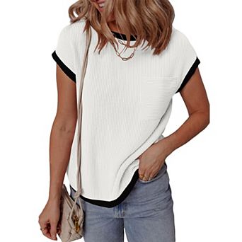 Women's Casual Loose Fit T-Shirt Ribbed Short Sleeve Top with Front Pocket