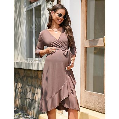 Women's Maternity Summer Bodycon Short Sleeve Dress and Ruffle V-Neck 3/4 Sleeve Midi Dress