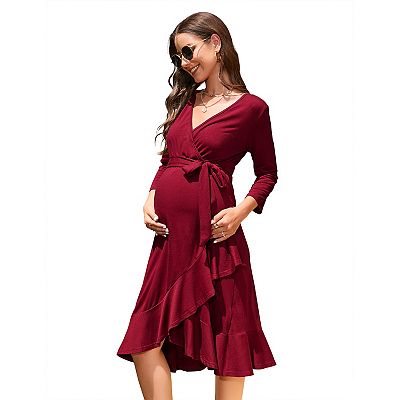 Women's Maternity Summer Bodycon Short Sleeve Dress and Ruffle V-Neck 3/4  Sleeve Midi Dress
