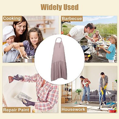 Cotton Linen Apron, Halter Apron, Apron with Pockets, Adjustable Neck Strap Apron