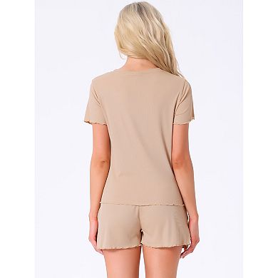 Women's Pajama Set Soft Short Sleeve Shorts Set Crewneck Ruffle Lounge Set with Pocket