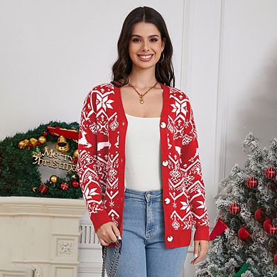 Womens Christmas Cardigan V Neck Button Down Knitwear Long Sleeve Sweaters Snowflake Elk Pattern