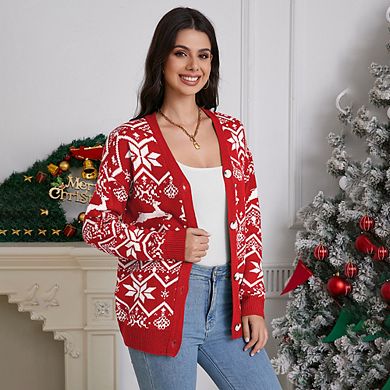 Womens Christmas Cardigan V Neck Button Down Knitwear Long Sleeve Sweaters Snowflake Elk Pattern
