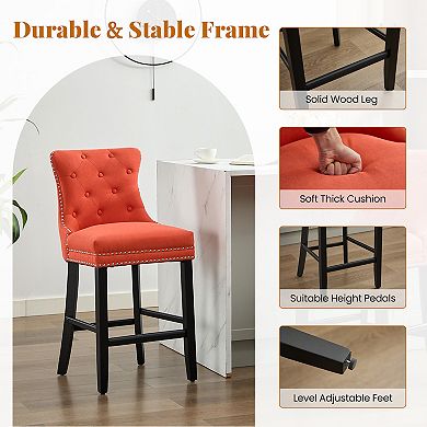 Set of 2 Twill Linen Fabric Bar Stool Set with Solid Wood Legs