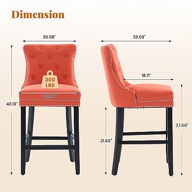 Set of 2 Twill Linen Fabric Bar Stool Set with Solid Wood Legs