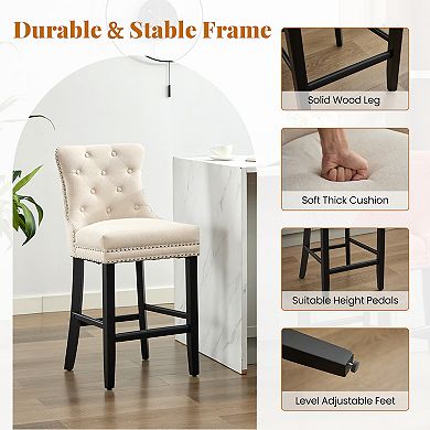 Set of 4 Twill Linen Fabric Bar Stool Set with Solid Wood Legs
