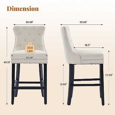 Set of 4 Twill Linen Fabric Bar Stool Set with Solid Wood Legs