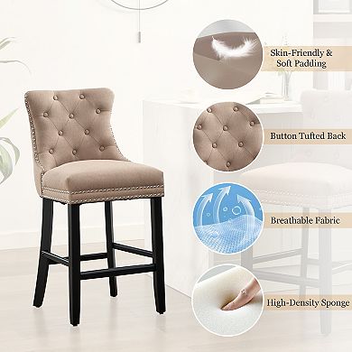 Set of 4 Twill Linen Fabric Bar Stool Set with Solid Wood Legs