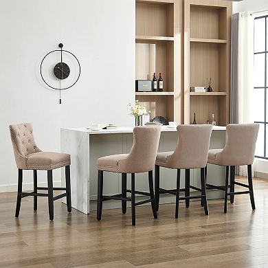 Set of 4 Twill Linen Fabric Bar Stool Set with Solid Wood Legs