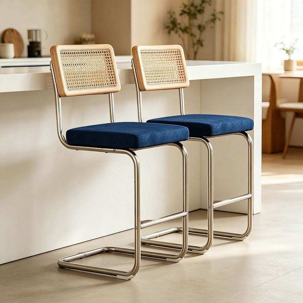 Set of 3 Counter Height Bar Stools with Woven Rattan Back and Footrest