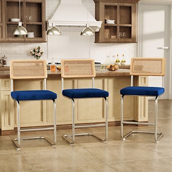 Set of 3 Counter Height Bar Stools with Woven Rattan Back and Footrest