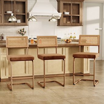 Set of 3 Counter Height Bar Stools with Woven Rattan Back and Footrest