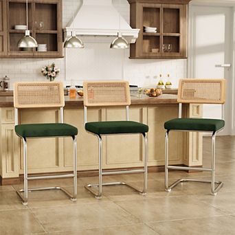 Set of 3 Counter Height Bar Stools with Woven Rattan Back and Footrest