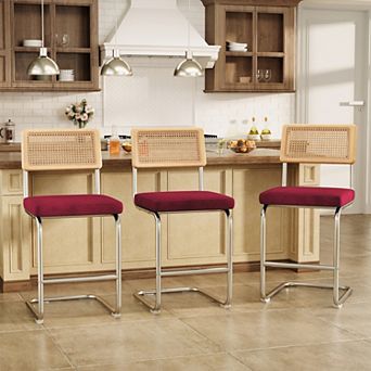 Set of 3 Counter Height Bar Stools with Woven Rattan Back and Footrest