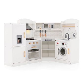 Costway Corner Play Kitchen Toddler Kitchen Playset with Range Hood & Ice Maker