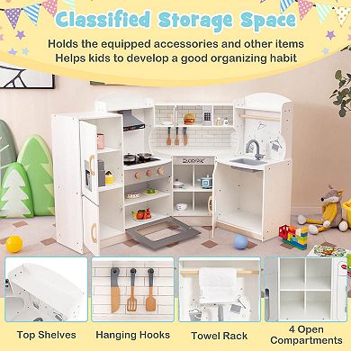 Costway Corner Play Kitchen Toddler Kitchen Playset with Range Hood & Ice Maker