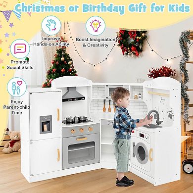 Costway Corner Play Kitchen Toddler Kitchen Playset with Range Hood & Ice Maker