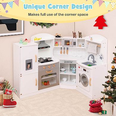 Costway Corner Play Kitchen Toddler Kitchen Playset with Range Hood & Ice Maker