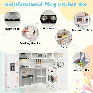 Costway Corner Play Kitchen Toddler Kitchen Playset with Range Hood & Ice Maker