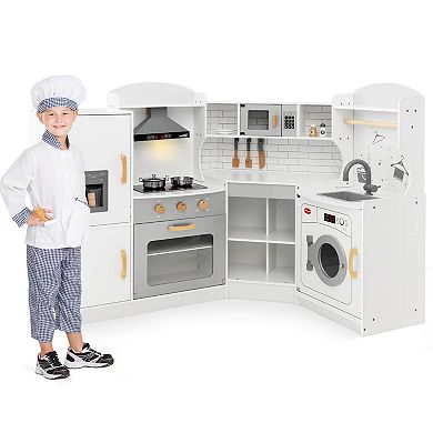 Costway Corner Play Kitchen Toddler Kitchen Playset with Range Hood & Ice Maker