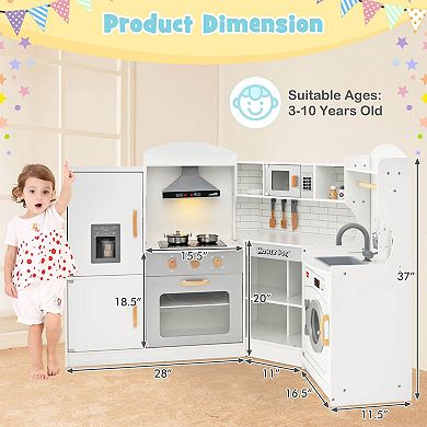 Costway Corner Play Kitchen Toddler Kitchen Playset with Range Hood & Ice Maker