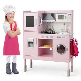 Costway Height Adjustable Kids Wooden Kitchen Play Set with Sounds