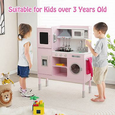 Costway Height Adjustable Kids Wooden Kitchen Play Set with Sounds