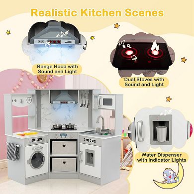 Costway Wooden Kids Play Kitchen with Realistic Lights & Sounds