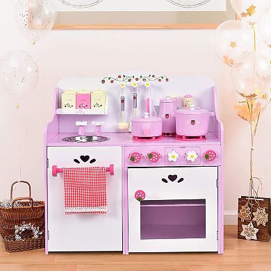 Costway Wooden Play Set Kitchen Toy Strawberry Pretend Cooking Set