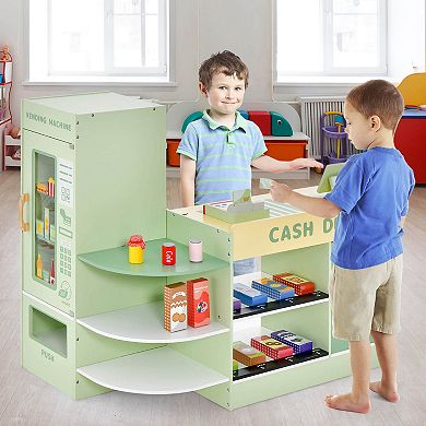 Costway Wooden Supermarket Play Toy Set Grocery Store with Checkout Counter